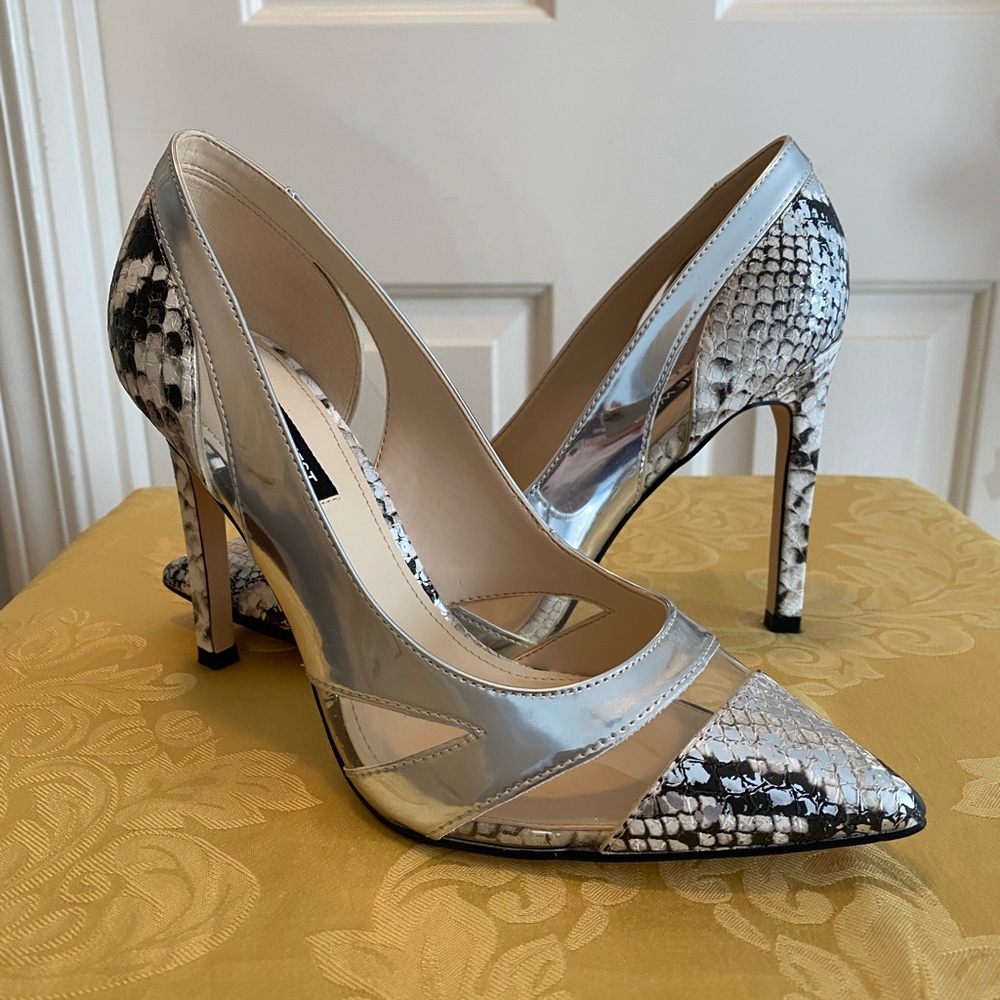 Nine West Silver and Black Snake-Print Pointed Stiletto Pumps